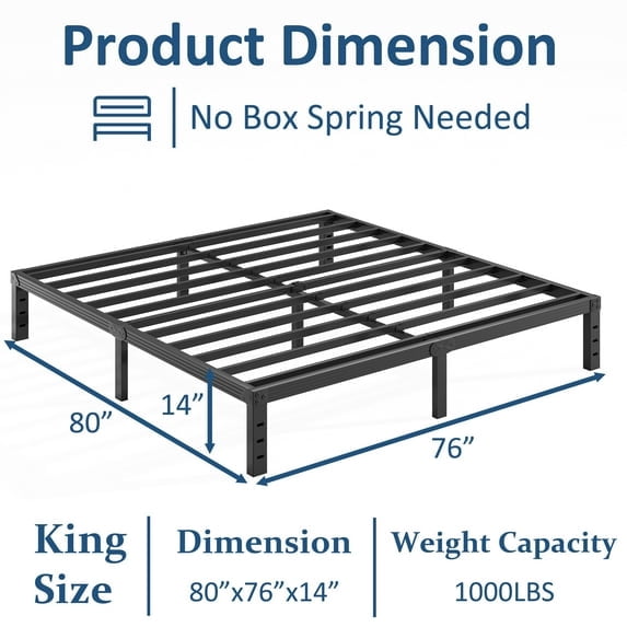 Venuezy 14 Inch High King Metal Bed Frame,Bed Frame with Storage Space,Noise-Free Heavy Duty Sturdy Mattress Foundation,Easy Assembly,Quick Setup,No Box Spring Needed,14 Inch,King