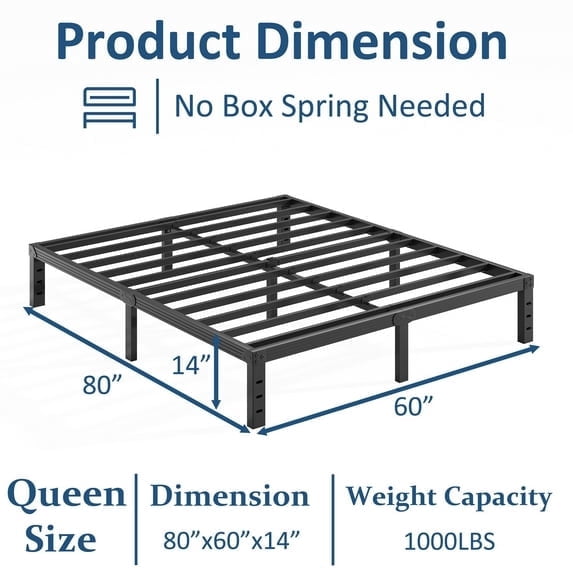 Venuezy 14 Inch High Queen Metal Bed Frame,Bed Frame with Storage Space,Noise-Free Heavy Duty Sturdy Mattress Foundation,Easy Assembly,Quick Setup,No Box Spring Needed,14 Inch,Queen