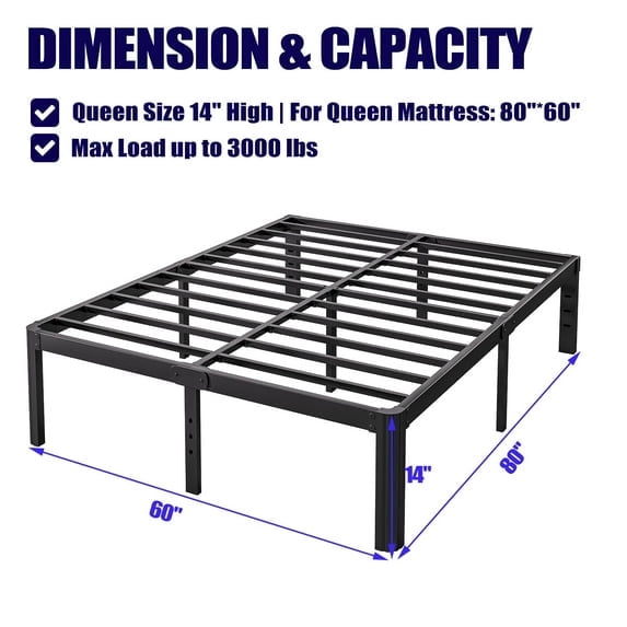 Venuezy 14 Inch High Queen Metal Bed Frame,Bed Frame with Storage Space,Noise-Free Heavy Duty Sturdy Mattress Foundation,Easy Assembly,Quick Setup,No Box Spring Needed,14 Inch,Queen