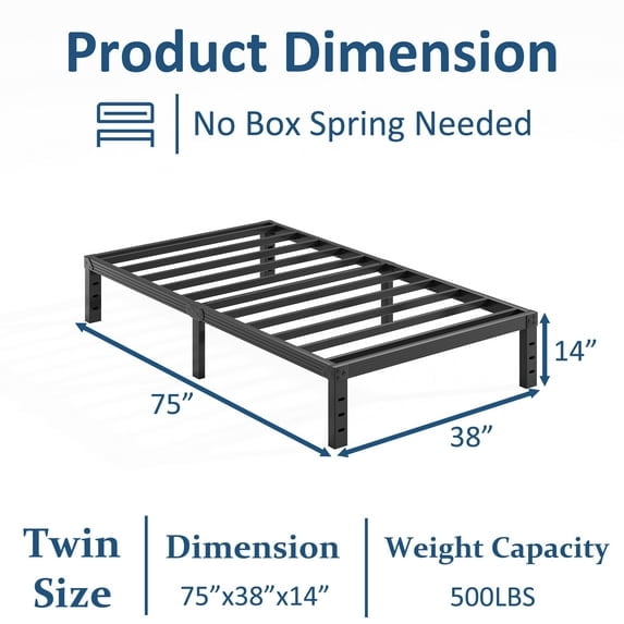 Venuezy 14 Inch High Twin Metal Bed Frame,Bed Frame with Storage Space,Noise-Free Heavy Duty Sturdy Mattress Foundation,Easy Assembly,Quick Setup,No Box Spring Needed,14 Inch,Twin