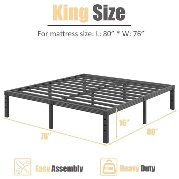 Venuezy 16 Inch High King Metal Bed Frame,Bed Frame with Storage Space,Noise-Free Heavy Duty Sturdy Mattress Foundation,Easy Assembly,Quick Setup,No Box Spring Needed,16 Inch,King