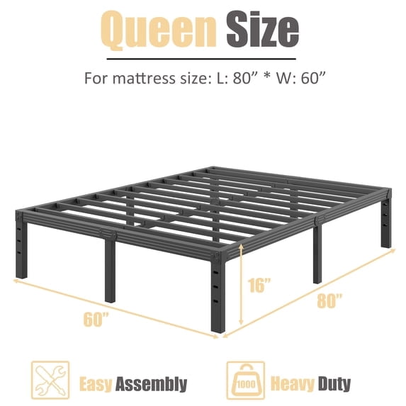 Venuezy 16 Inch High Queen Metal Bed Frame,Bed Frame with Storage Space,Noise-Free Heavy Duty Sturdy Mattress Foundation,Easy Assembly,Quick Setup,No Box Spring Needed,16 Inch,Queen